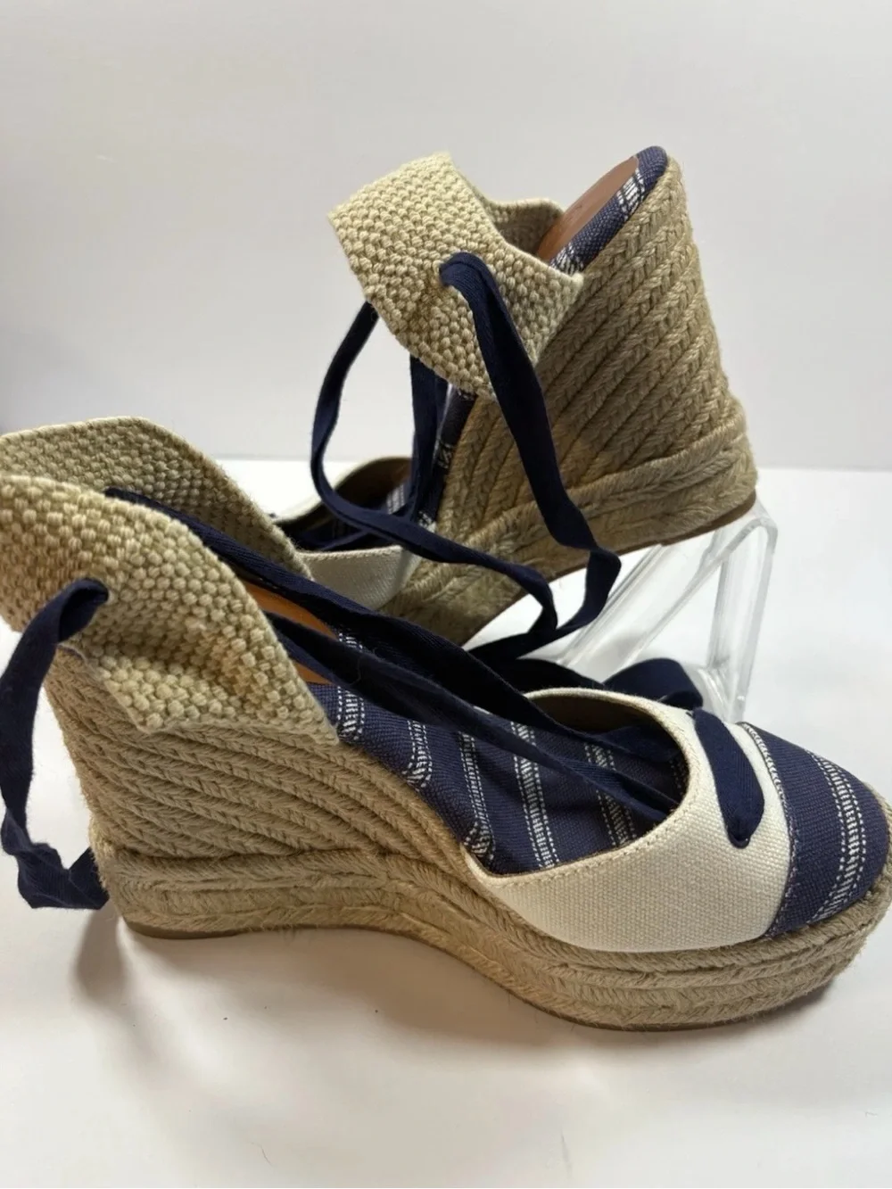 Coach Fern Ankle-tie Espadrille Wedge Sandals Blue and Beige